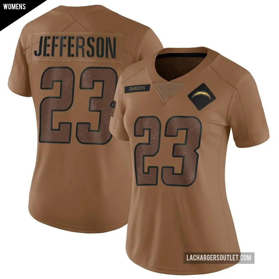 Women's Los Angeles Chargers ＃23 Tony Jefferson Brown Limited 2023 Salute To Service Jersey