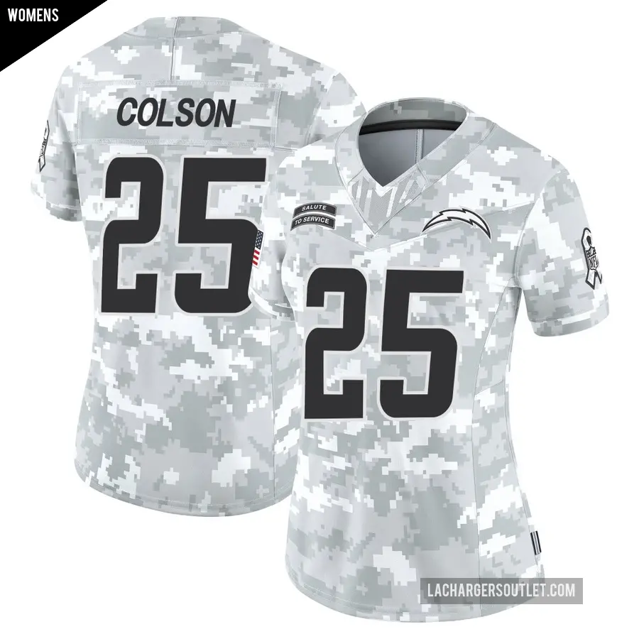 Women's Los Angeles Chargers ＃25 Junior Colson Arctic Camo Limited 2024 Salute to Service Jersey