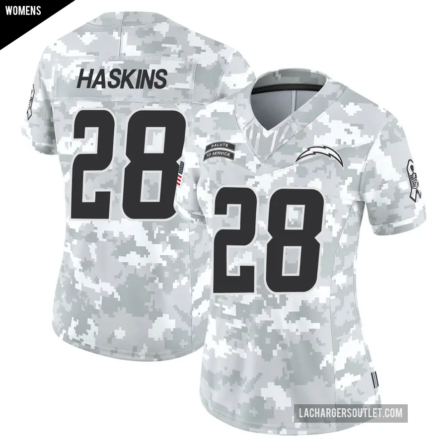 Women's Los Angeles Chargers ＃28 Hassan Haskins Arctic Camo Limited 2024 Salute to Service Jersey