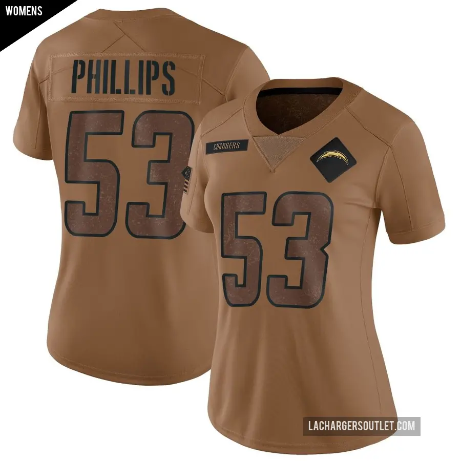 Women's Los Angeles Chargers ＃53 Del'Shawn Phillips Brown Limited 2023 Salute To Service Jersey