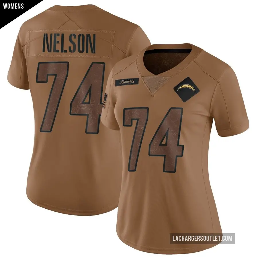 Women's Los Angeles Chargers ＃74 Ryan Nelson Brown Limited 2023 Salute To Service Jersey