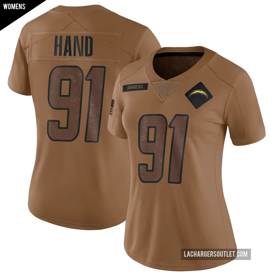 Women's Los Angeles Chargers ＃91 Da'Shawn Hand Brown Limited 2023 Salute To Service Jersey