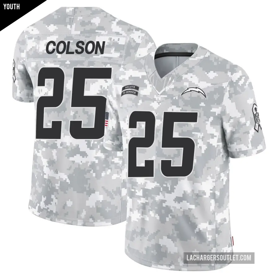 Youth Los Angeles Chargers ＃25 Junior Colson Arctic Camo Limited 2024 Salute to Service Jersey
