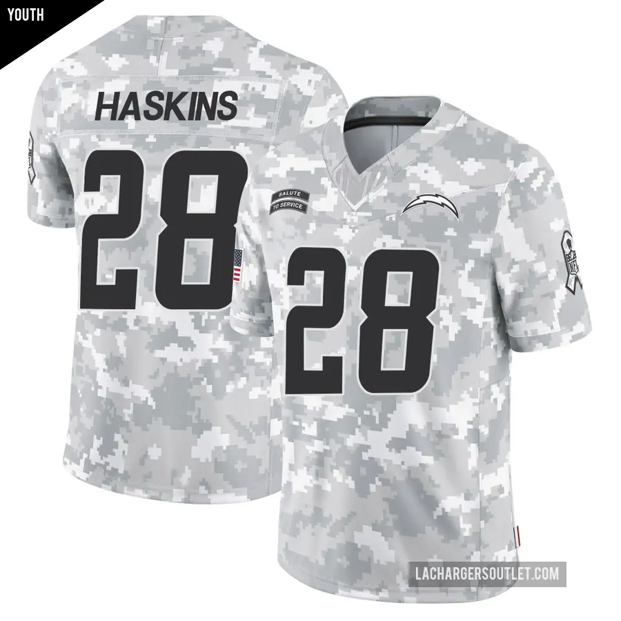 Youth Los Angeles Chargers ＃28 Hassan Haskins Arctic Camo Limited 2024 Salute to Service Jersey