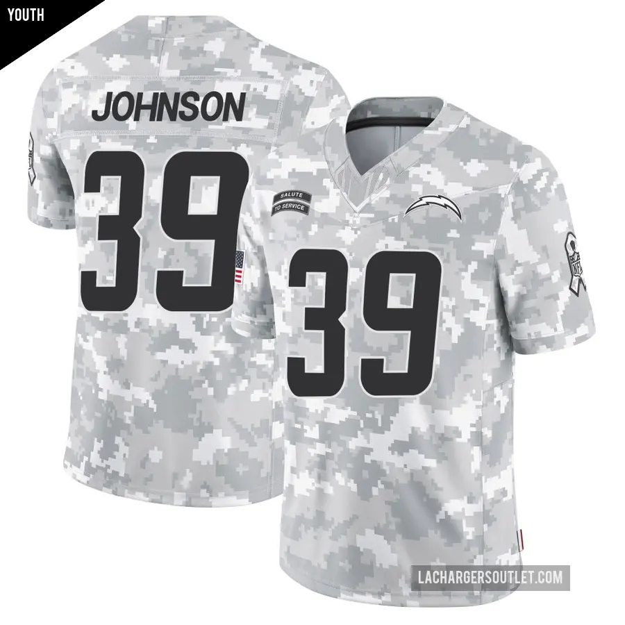 Youth Los Angeles Chargers ＃39 Jaylen Johnson Arctic Camo Limited 2024 Salute to Service Jersey