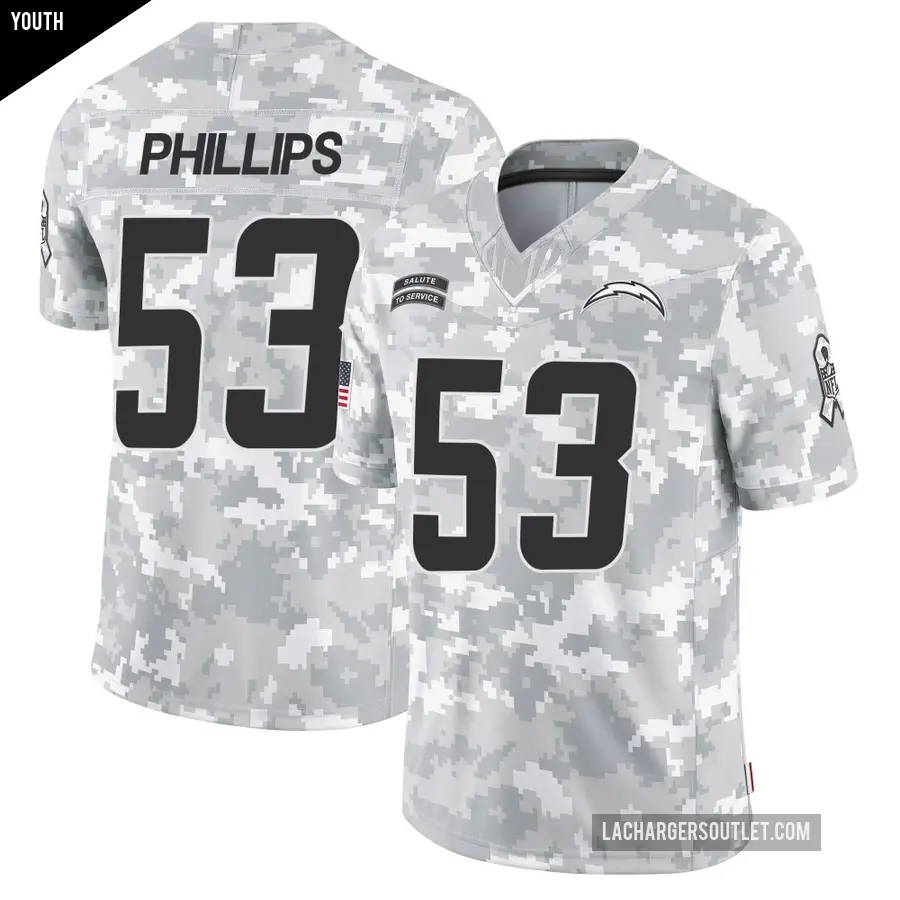 Youth Los Angeles Chargers ＃53 Del'Shawn Phillips Arctic Camo Limited 2024 Salute to Service Jersey