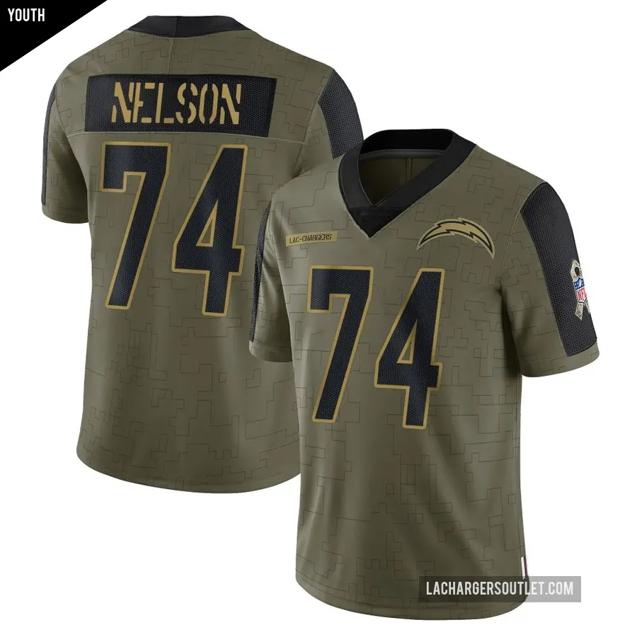 Youth Los Angeles Chargers ＃74 Ryan Nelson Olive Limited 2021 Salute To Service Jersey