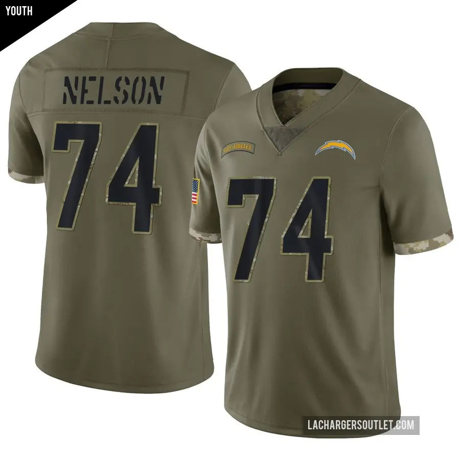 Youth Los Angeles Chargers ＃74 Ryan Nelson Olive Limited 2022 Salute To Service Jersey